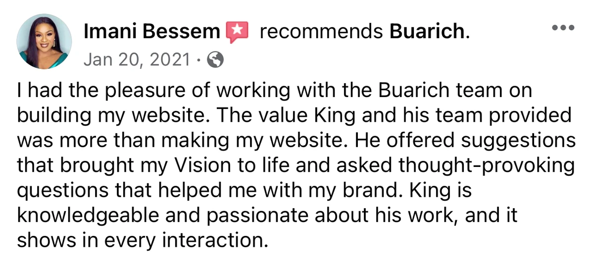 Client review website design by Buarich agency