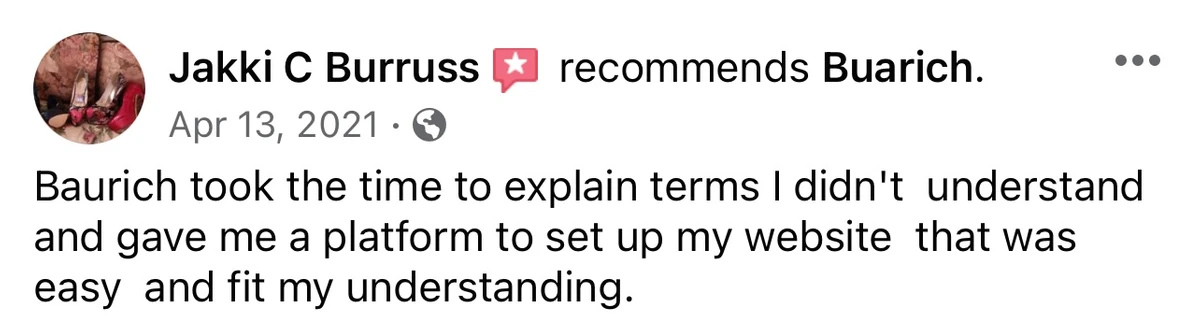 Client testimonial for Buarich website services