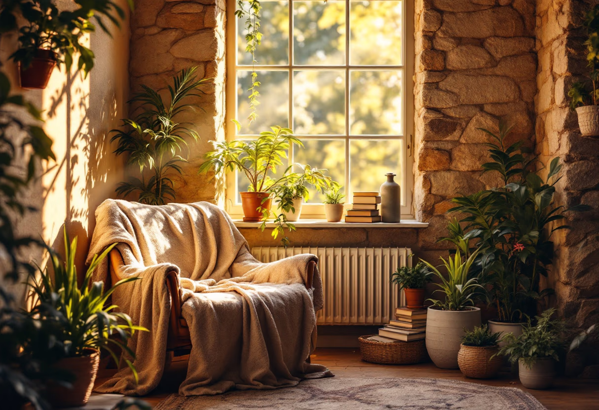 image of a window-side reading nook, freshly cleaned, draped in sunlight