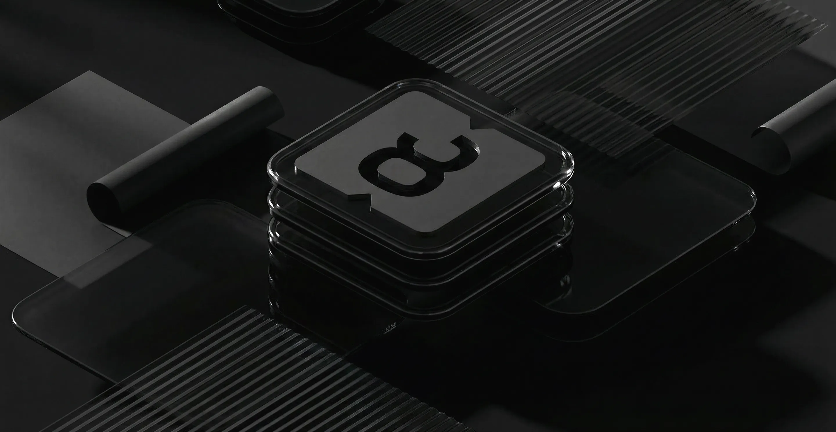 3D render of the Perimeter 8 brand mark displayed on a dark glass surface.