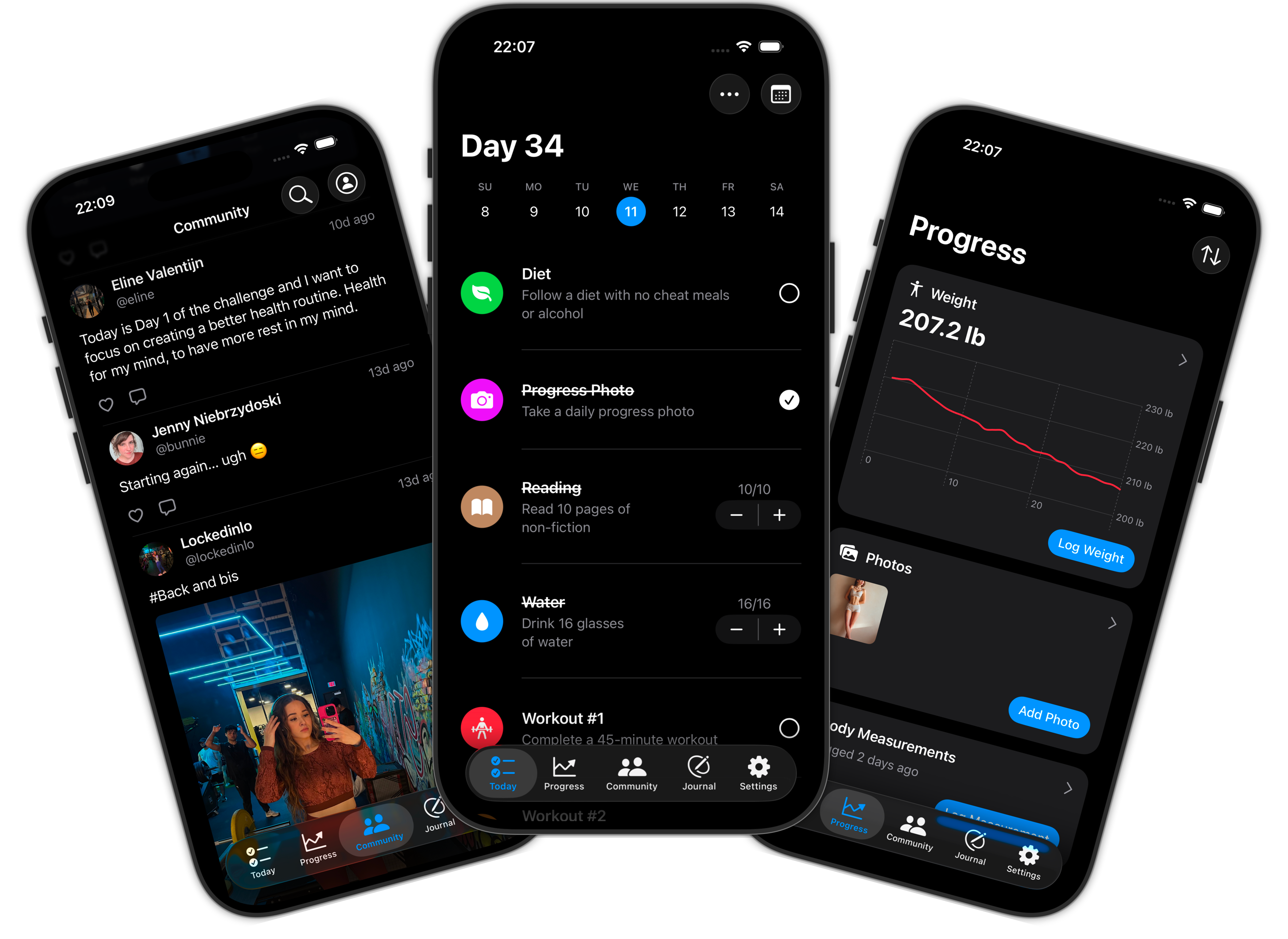 Three smartphone screens displaying a fitness app with Community posts, Daily tasks for Day 34, and Progress tracking including weight loss graph, photos, and body measurements.