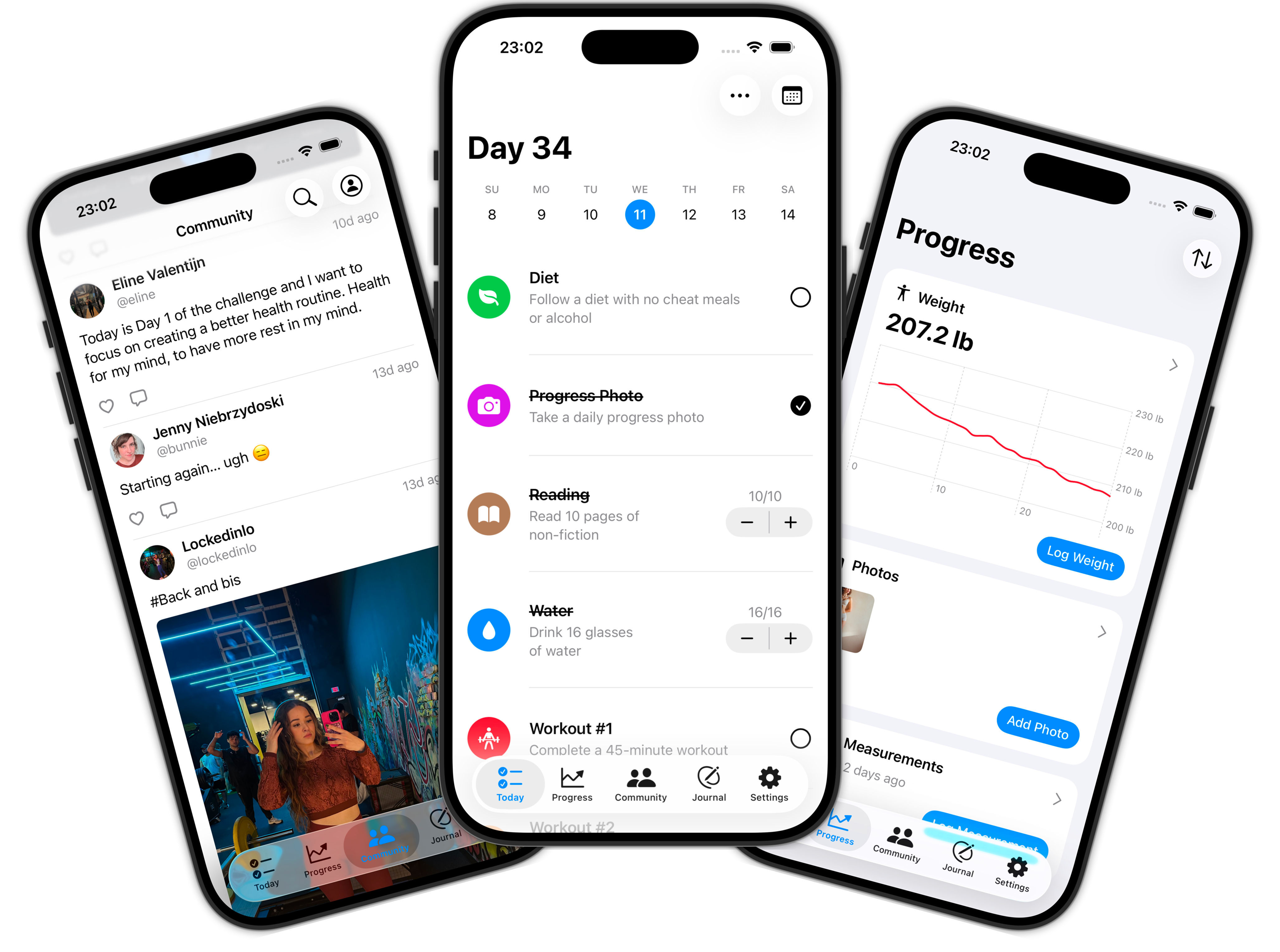 Three smartphones displaying a health and fitness app with community posts, daily tasks, and weight progress charts.