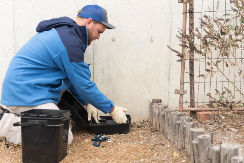 Extermination Tech Placing Bait in Station