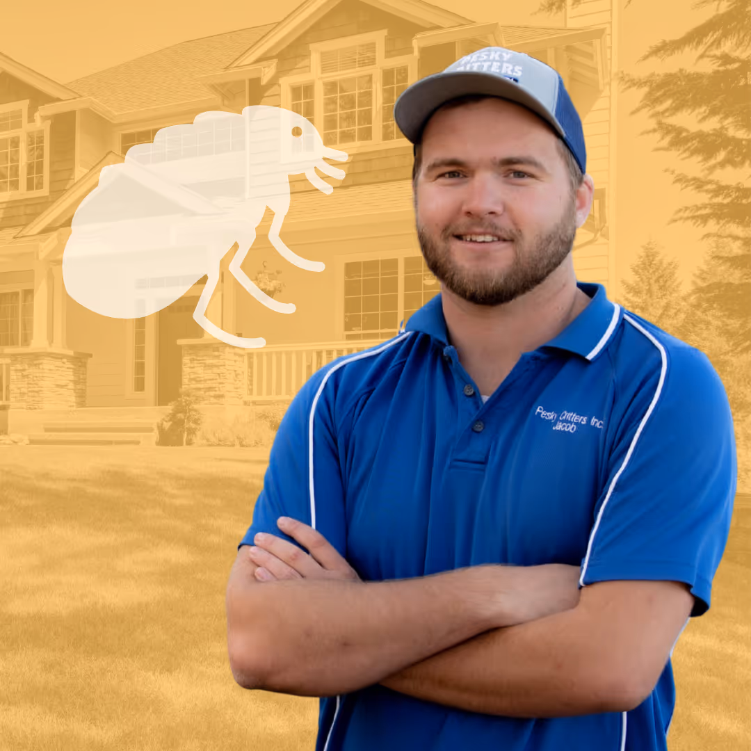 Man wearing a blue polo and cap standing with arms crossed in front of a house, with a flea illustration overlay.