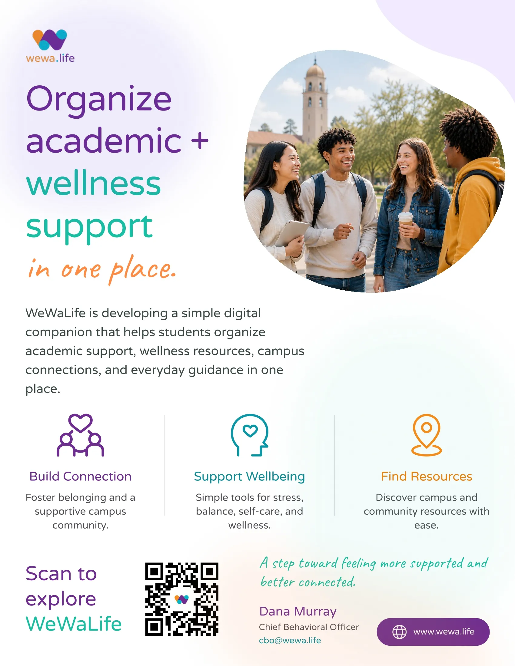 Flyer for WeWaLife showing diverse students talking, promoting academic and wellness support in one place.