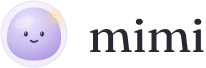 Logo showing the Mimi brand icon: a smiling purple and blue gradient circular character with small eyes and a mouth next to the word 'mimi' in lowercase black letters.