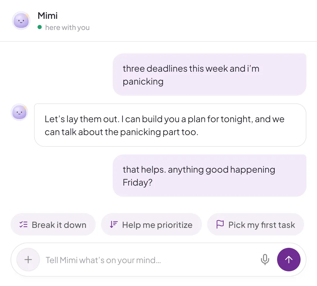 Mimi Chat interface with a user and Mimi assistant. User says, 'three deadlines this week and I'm panicking.' Mimi responds, 'Let's lay them out. I can build you a plan for tonight, and we can talk about the panicking part too.' User replies, 'that helps. anything good happening Friday?' Below are three buttons labeled 'Break it down,' 'Help me prioritize,' and 'Pick my first task.' Text input field is visible with a purple send button and microphone icon.