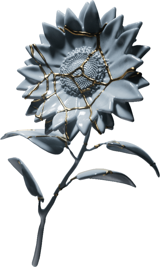 White flower with gold seams from Kintsugi art style