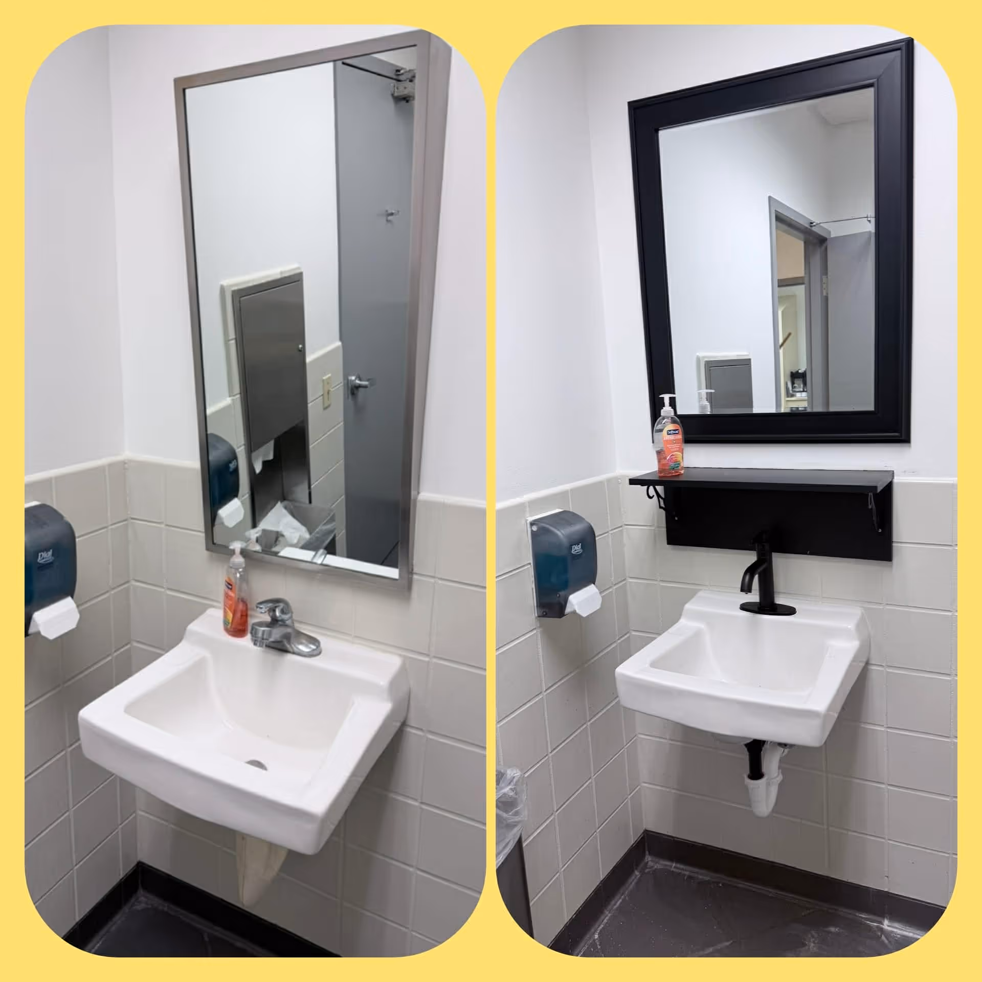 Side-by-side comparison of a backyard showing before and after stone patio installation behind a two-story house with wooden steps and a screened porch.