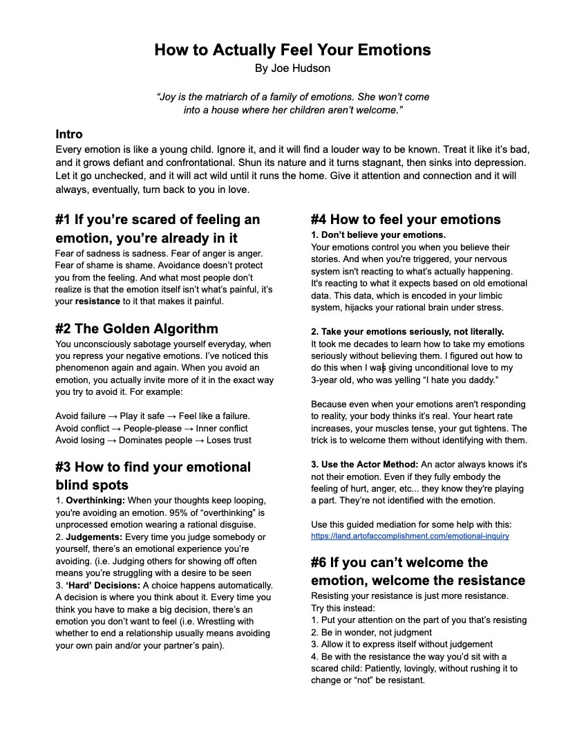 Preview of How to Actually Feel Your Emotions, Joe Hudson’s one-page downloadable guide