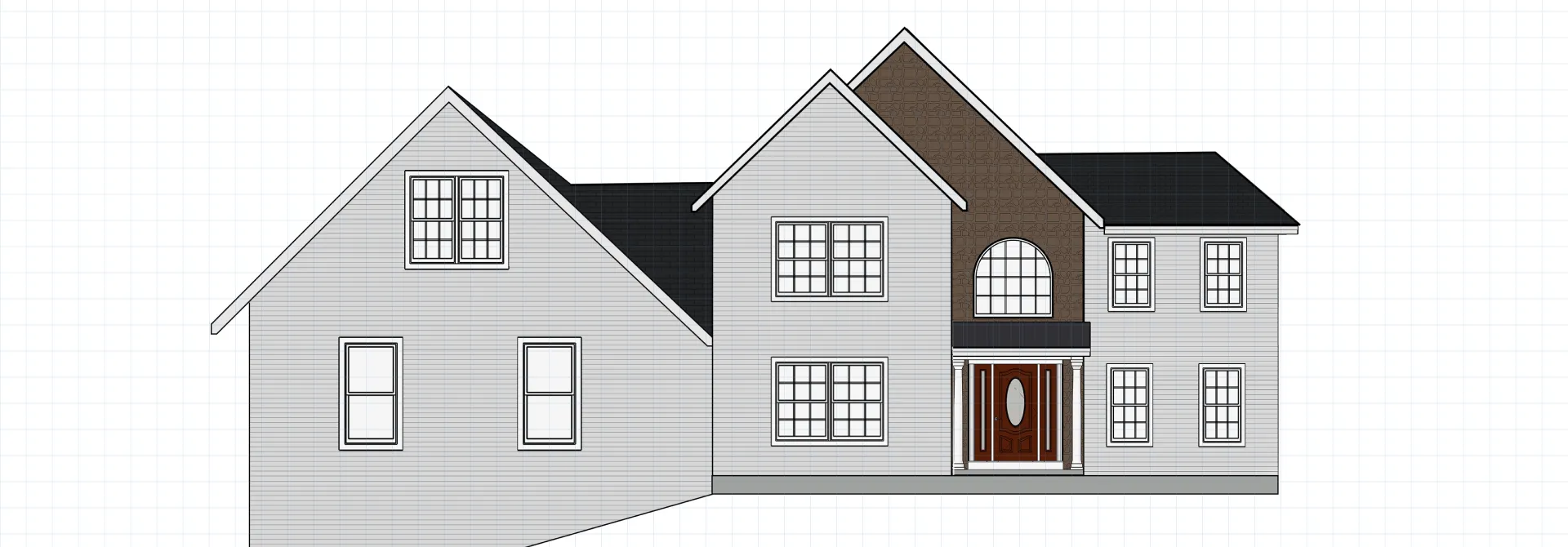 Design of atwo-story blue house with white-trimmed windows, stone accent around entrance.