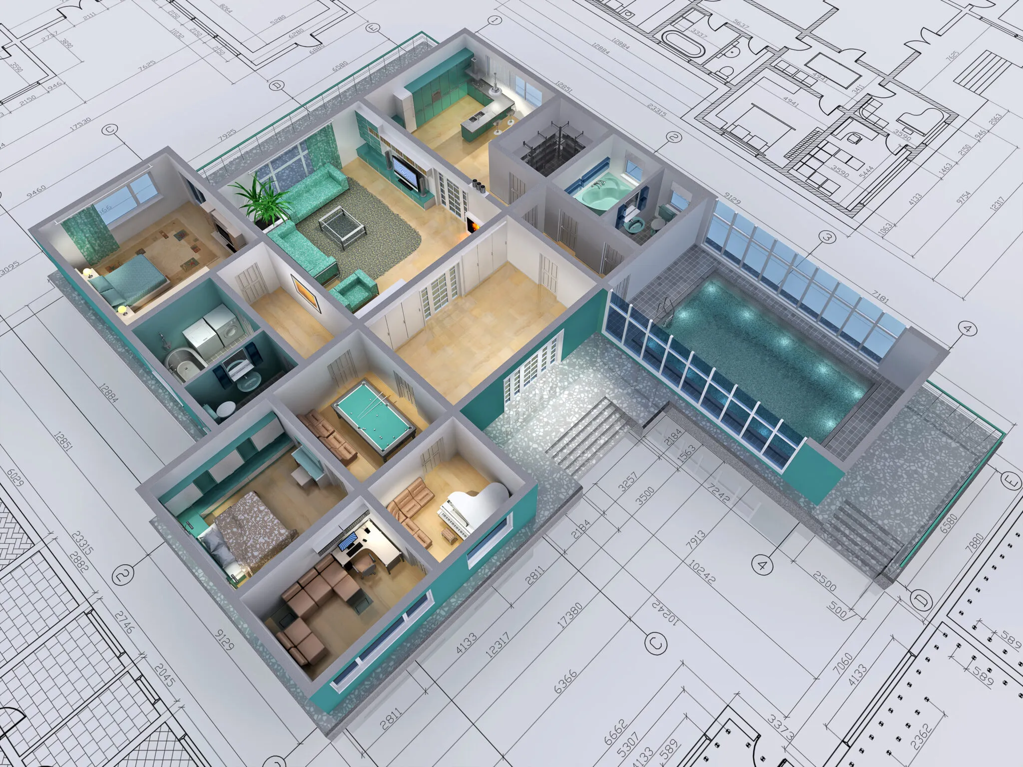 3D floor plan of a house showing rooms including living room, kitchen, bedrooms, bathrooms, game room with pool table, office, and an indoor swimming pool.