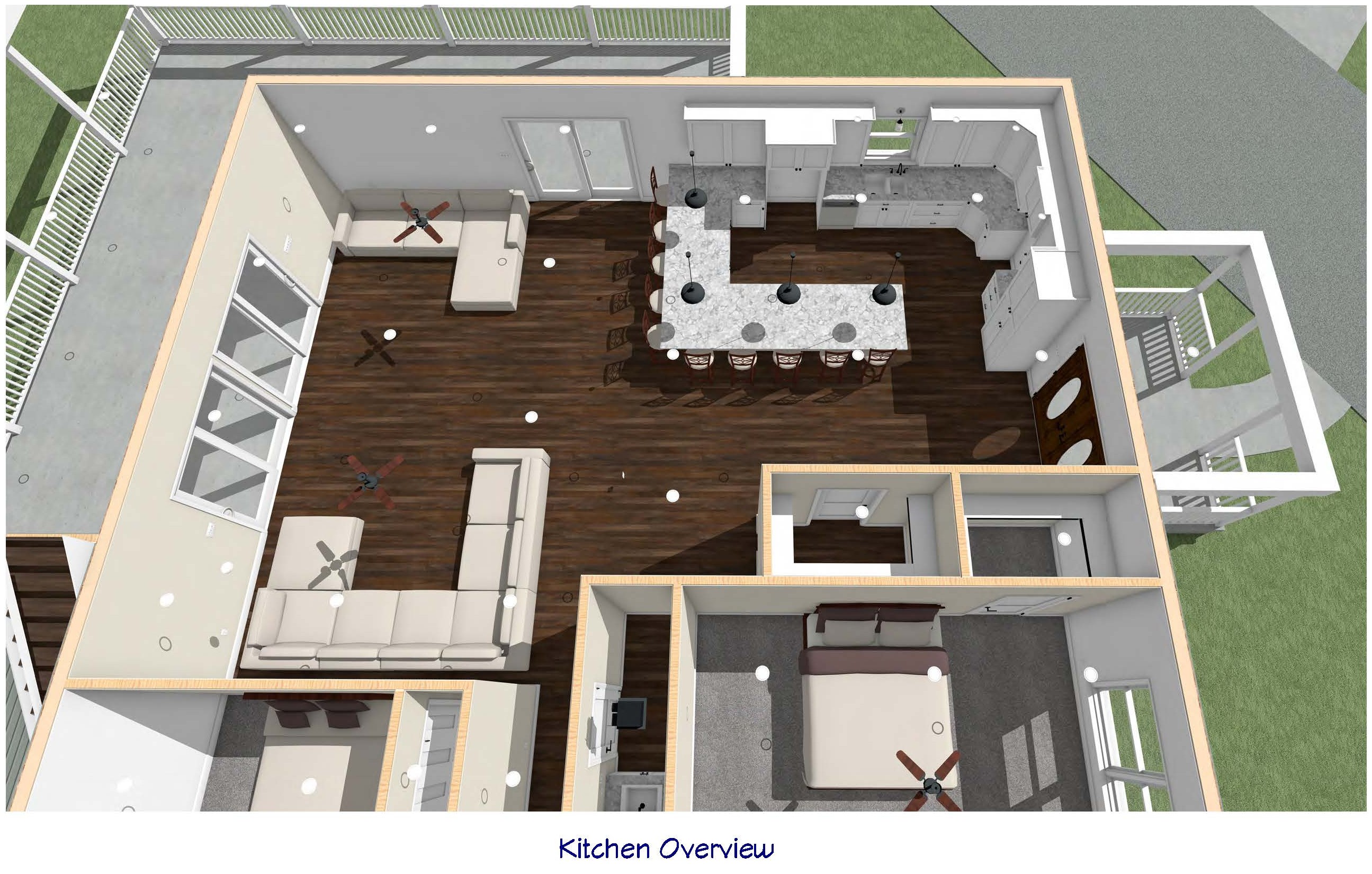 3D floor plan of a kitchen and living area with dark wood floors, white cabinetry, an L-shaped marble countertop island with stools, two beige sectional sofas, ceiling fans, and adjacent bedroom with a bed and ceiling fan.