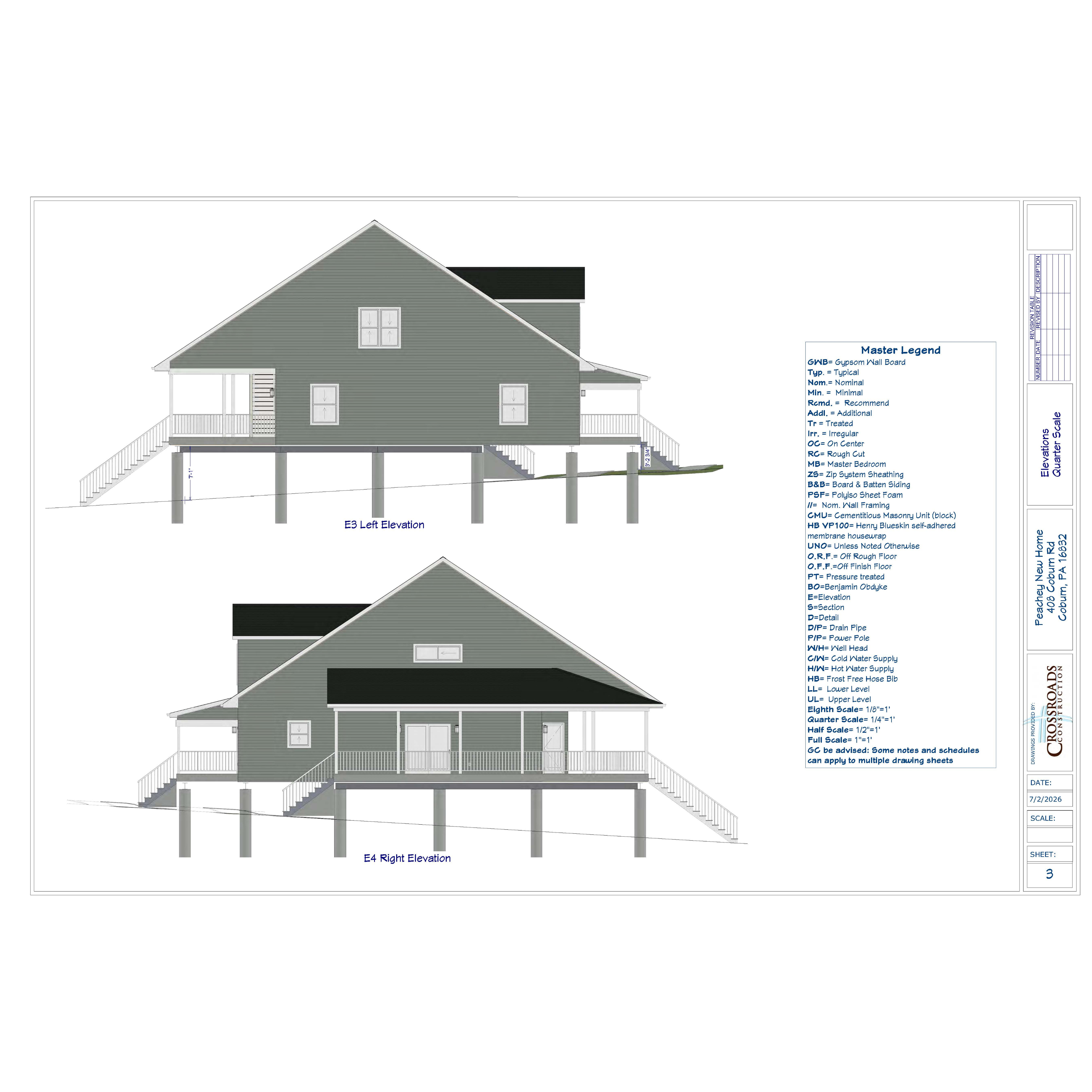 Architectural elevation drawings showing two side views of a raised house on stilts with staircases on both ends and windows, labeled E3 Left Elevation and E4 Right Elevation, accompanied by a master legend explaining construction abbreviations and notes.