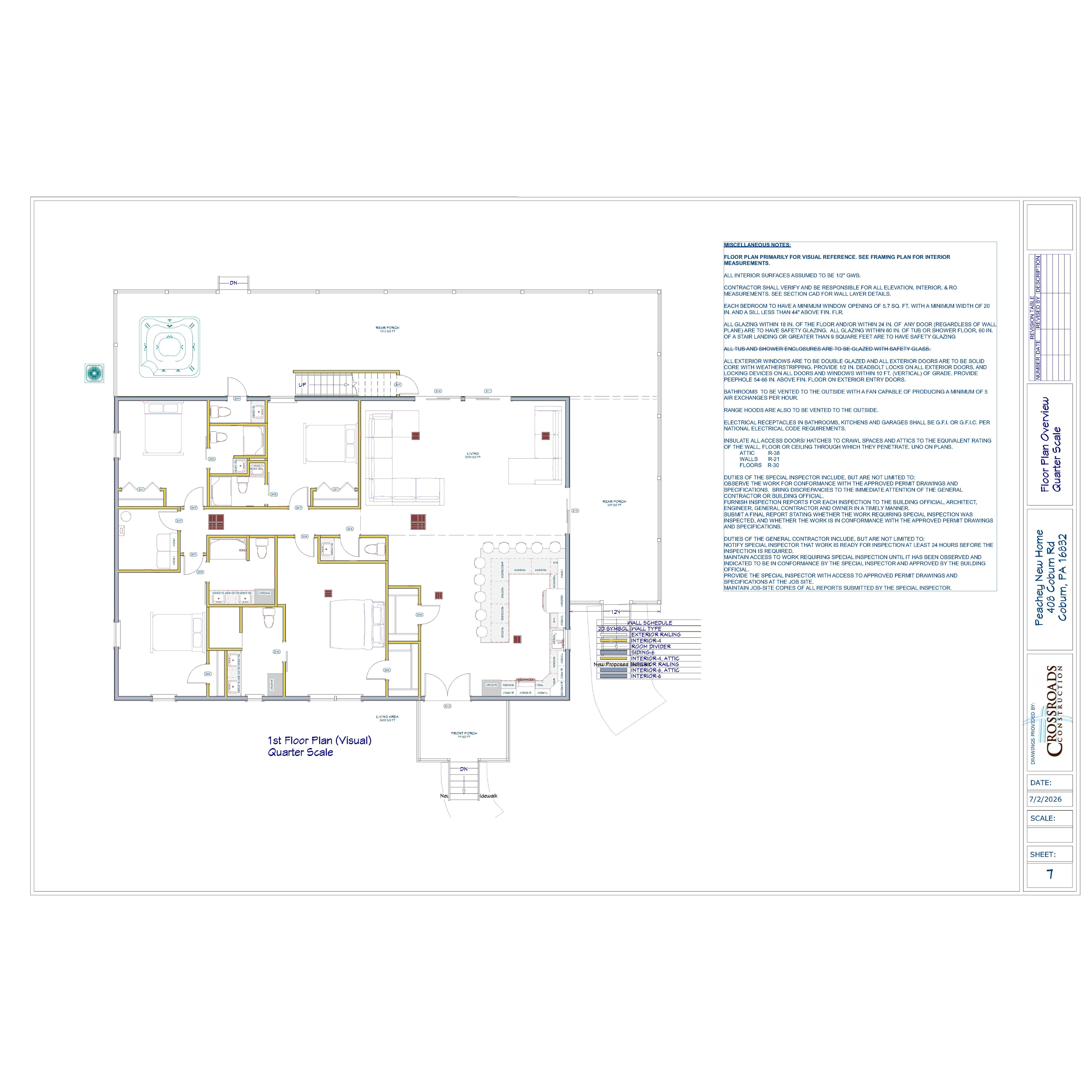 Architectural 1st floor plan of a home showing layout with bedrooms, bathrooms, kitchen, living area, porches, and a rear porch with a hot tub, including structural details and notes on the right side and a material legend below them.