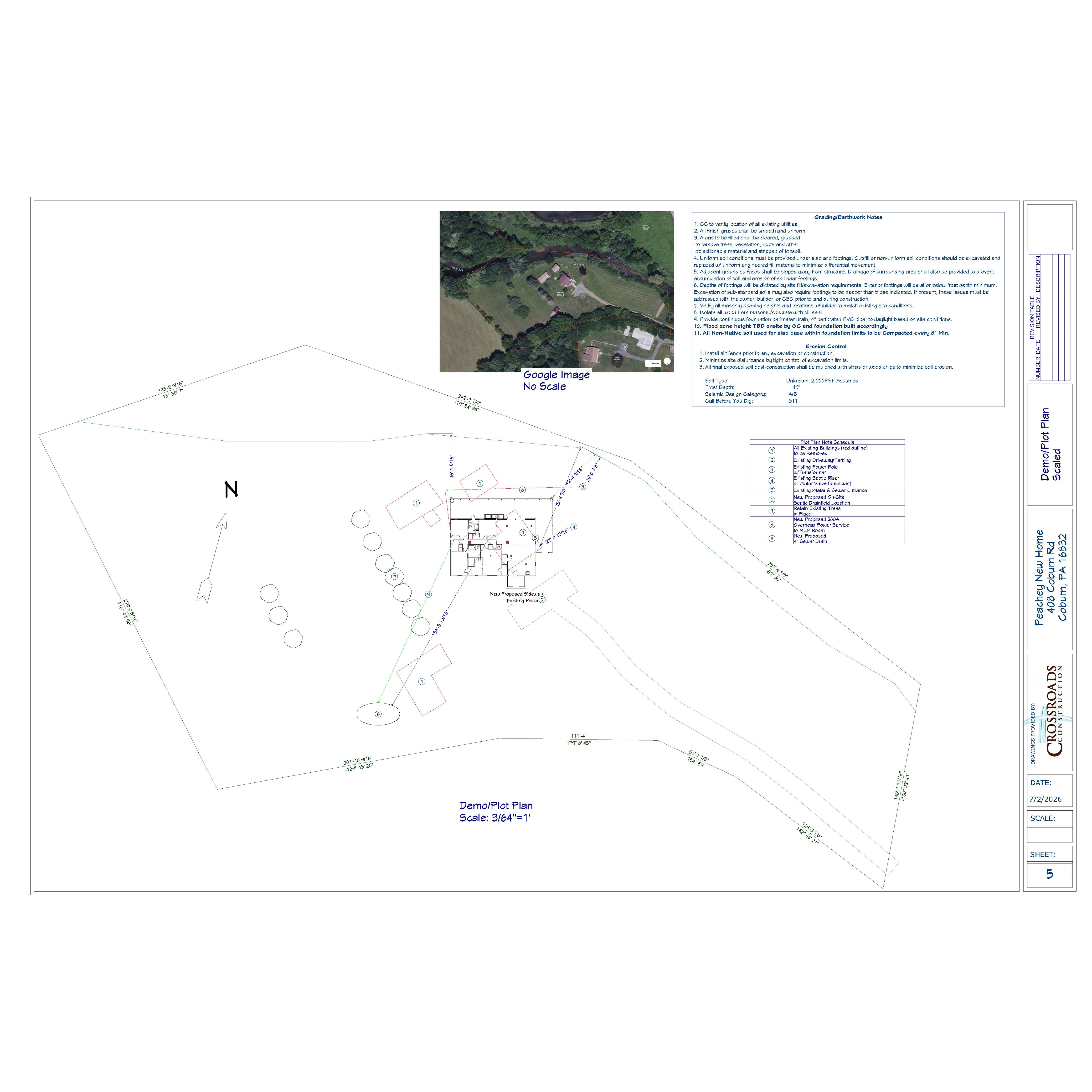 Site plan for a residential property labeled 'Peachey New Home' in Colum, PA, showing existing buildings, proposed new structures, trees, and utility lines with boundary measurements, north arrow, and an inset aerial Google image with no scale. Notes include grading, earthwork, erosion control instructions, and a legend for symbols depicting driveways, utilities, proposed sidewalks, and drains. The sheet is dated 7/2/2026 and marked as sheet 5 from Crossroads Construction.