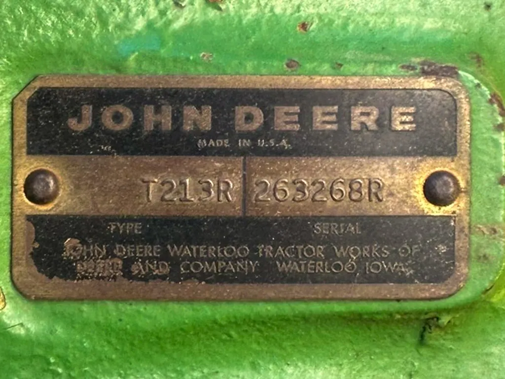 Close-up image of the serial tag on a John Deere 4020
