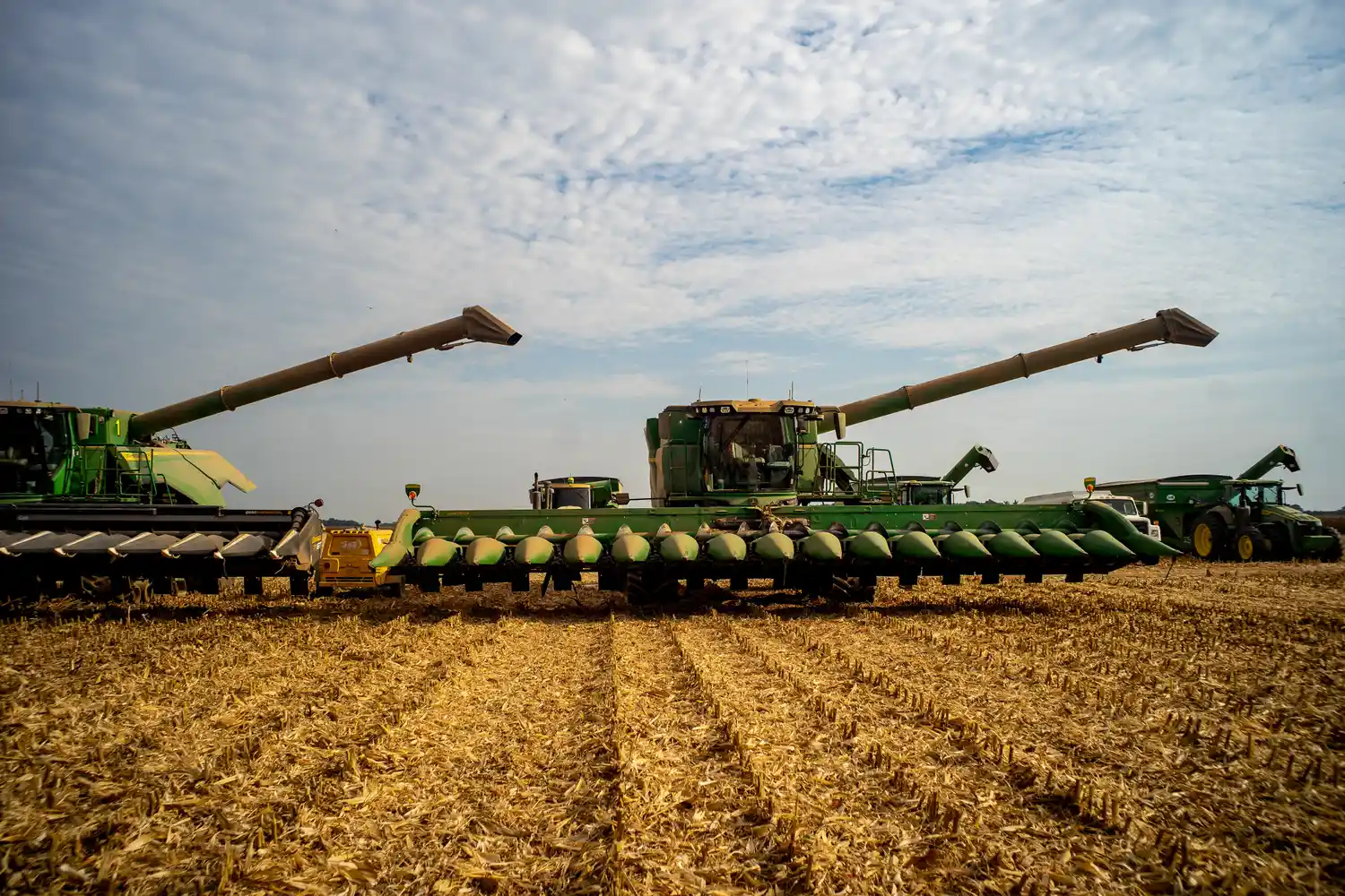 Agricultural machinery harvesting in a field