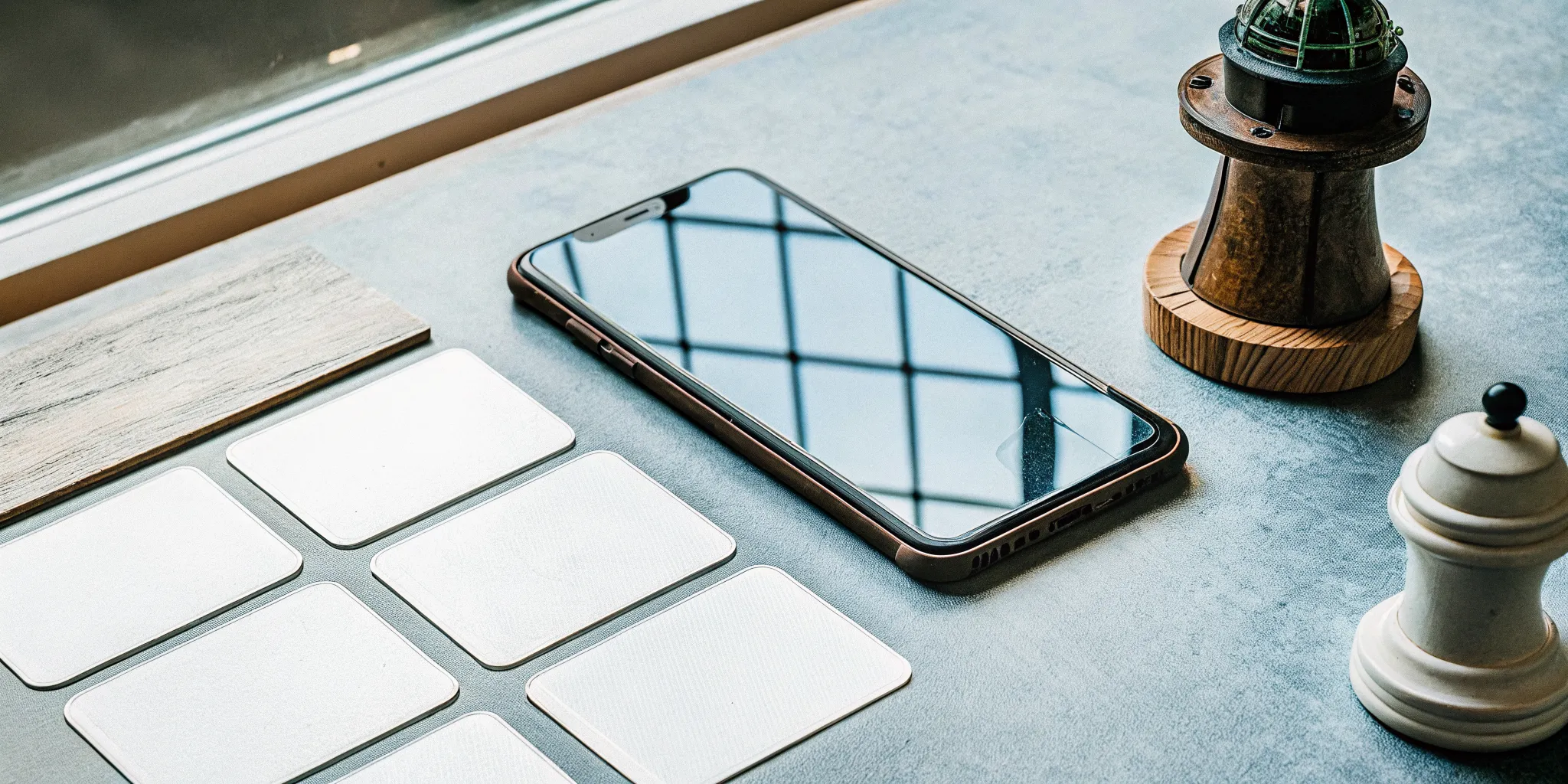 A smartphone on a desk with an app to improve leadership skills, surrounded by chess pieces and cards.