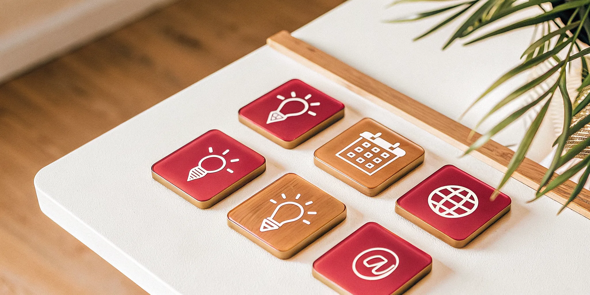 The best app for team leadership tips with icons for communication, ideas, and planning on a desk.