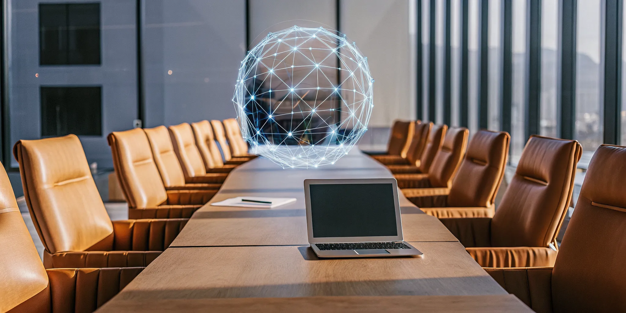 An AI leadership coach for teams visualized as a digital network on a laptop in a conference room.