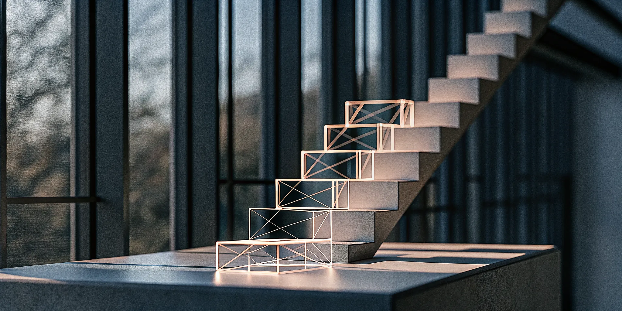 A modern staircase showing the steps to building high-performance teams.