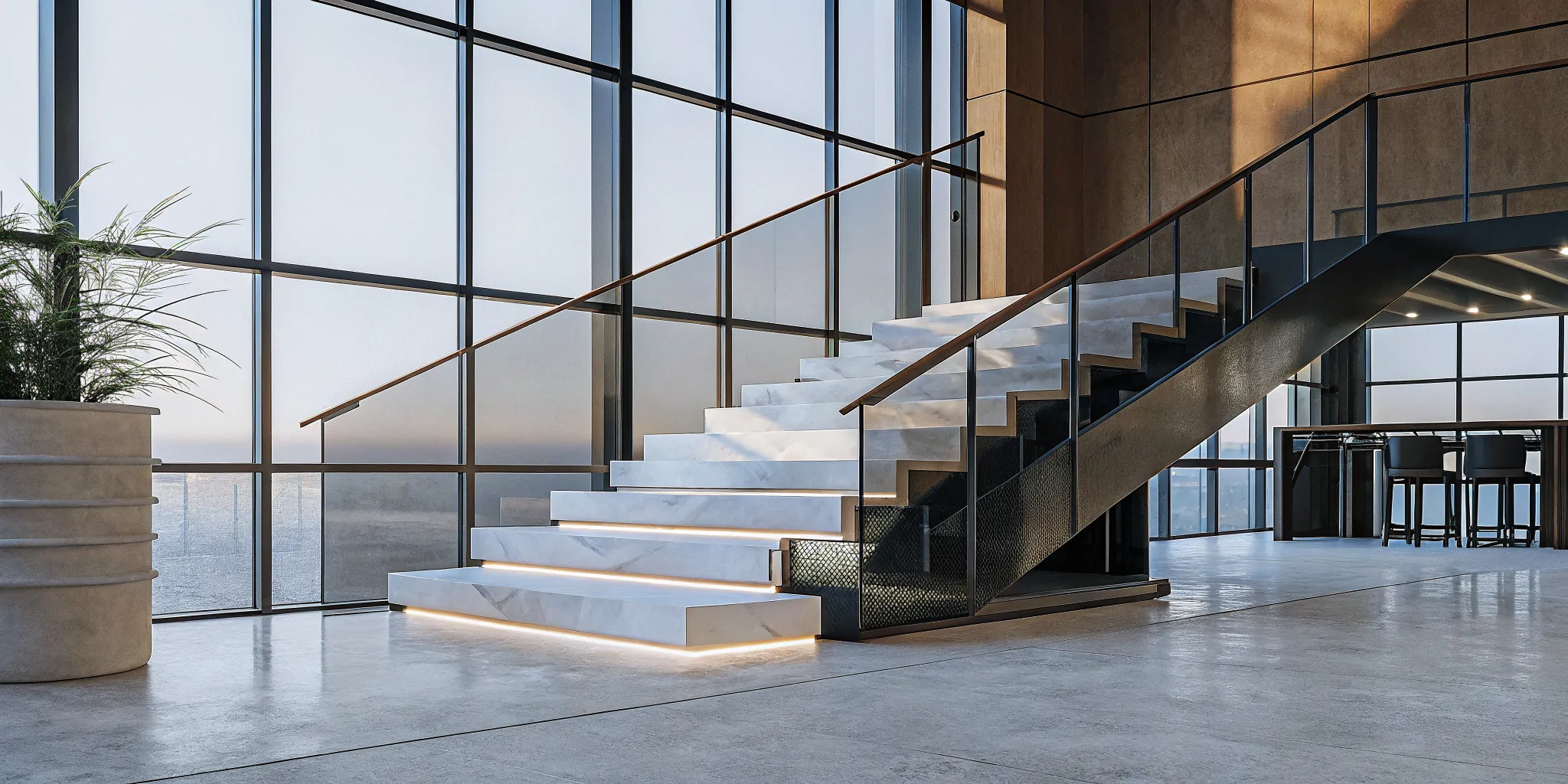 A modern staircase in an office for a program focused on developing millennial leaders.