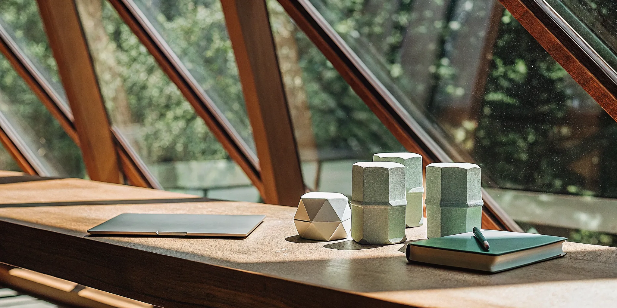 A millennial manager's modern desk with a notebook for leadership training.