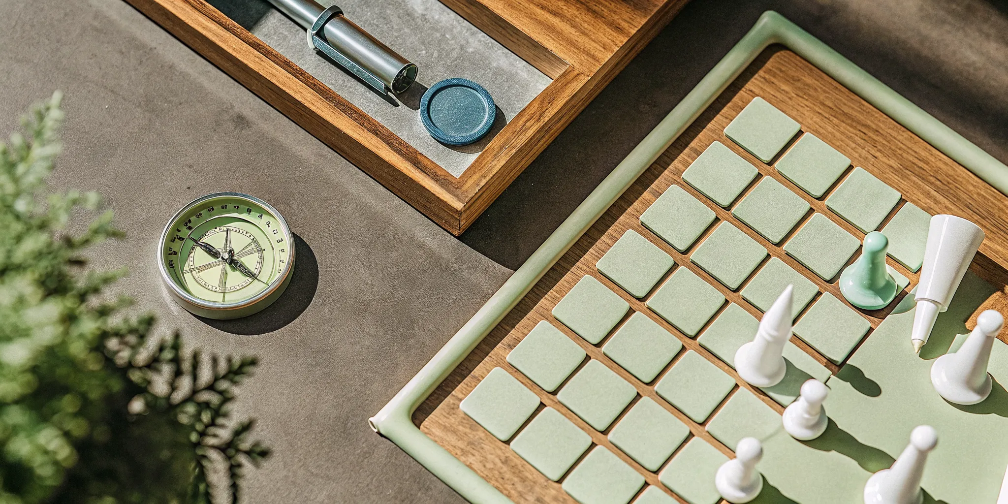 A board game and compass on a desk, mapping out leadership tips for first-time managers.