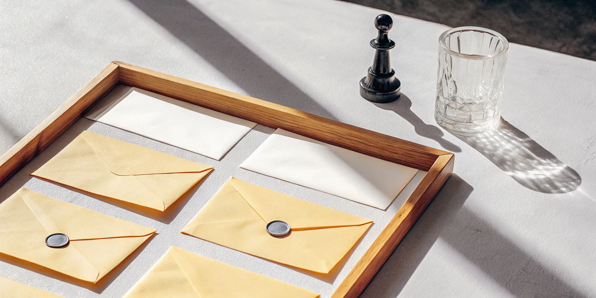 A tray of envelopes delivering free leadership tips from top email subscriptions.