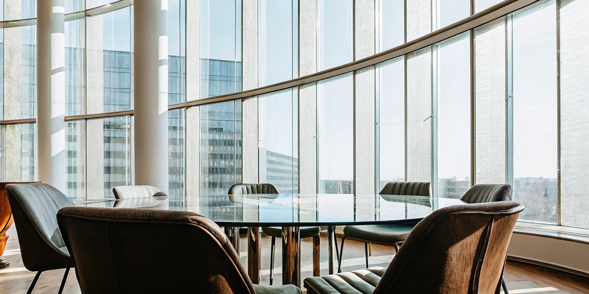 A conference room set for a leadership coaching session with a peer group.