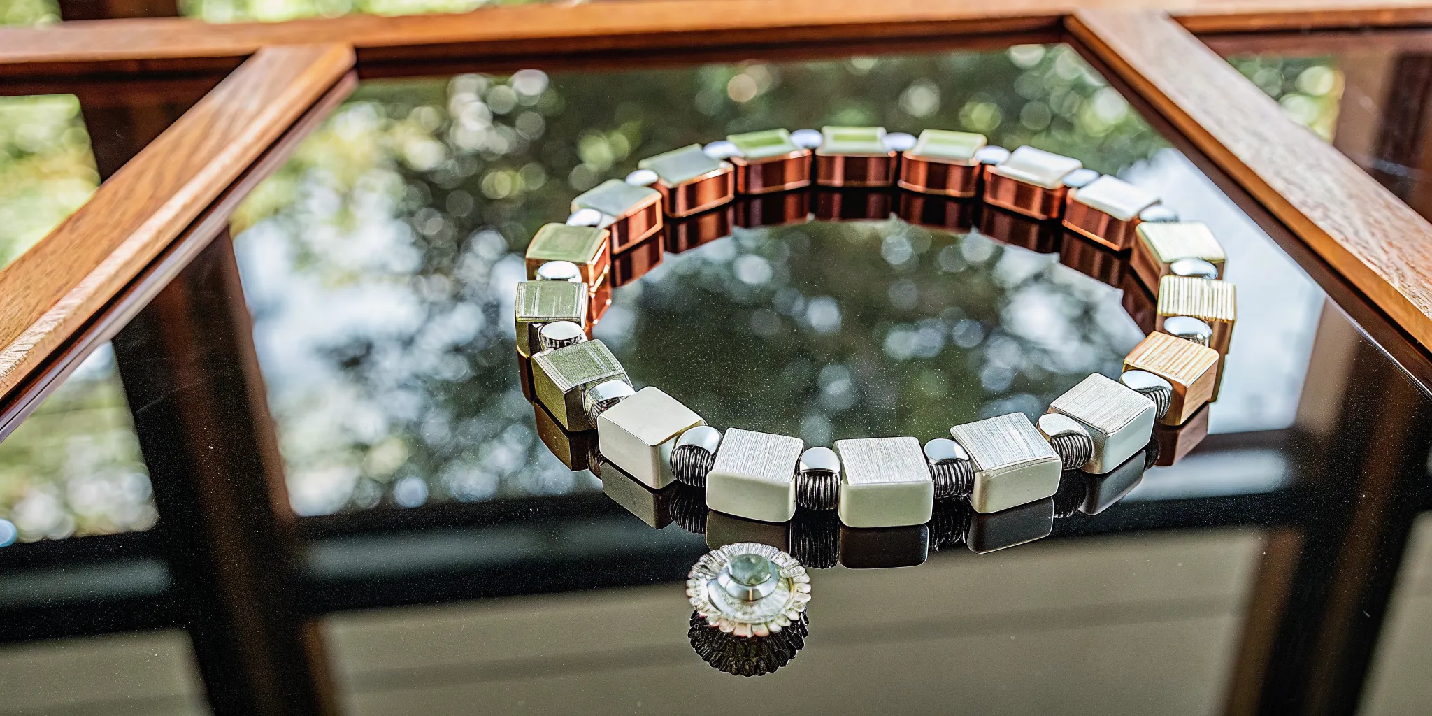 Linked square beads on a necklace showing the characteristics of high-performing teams.