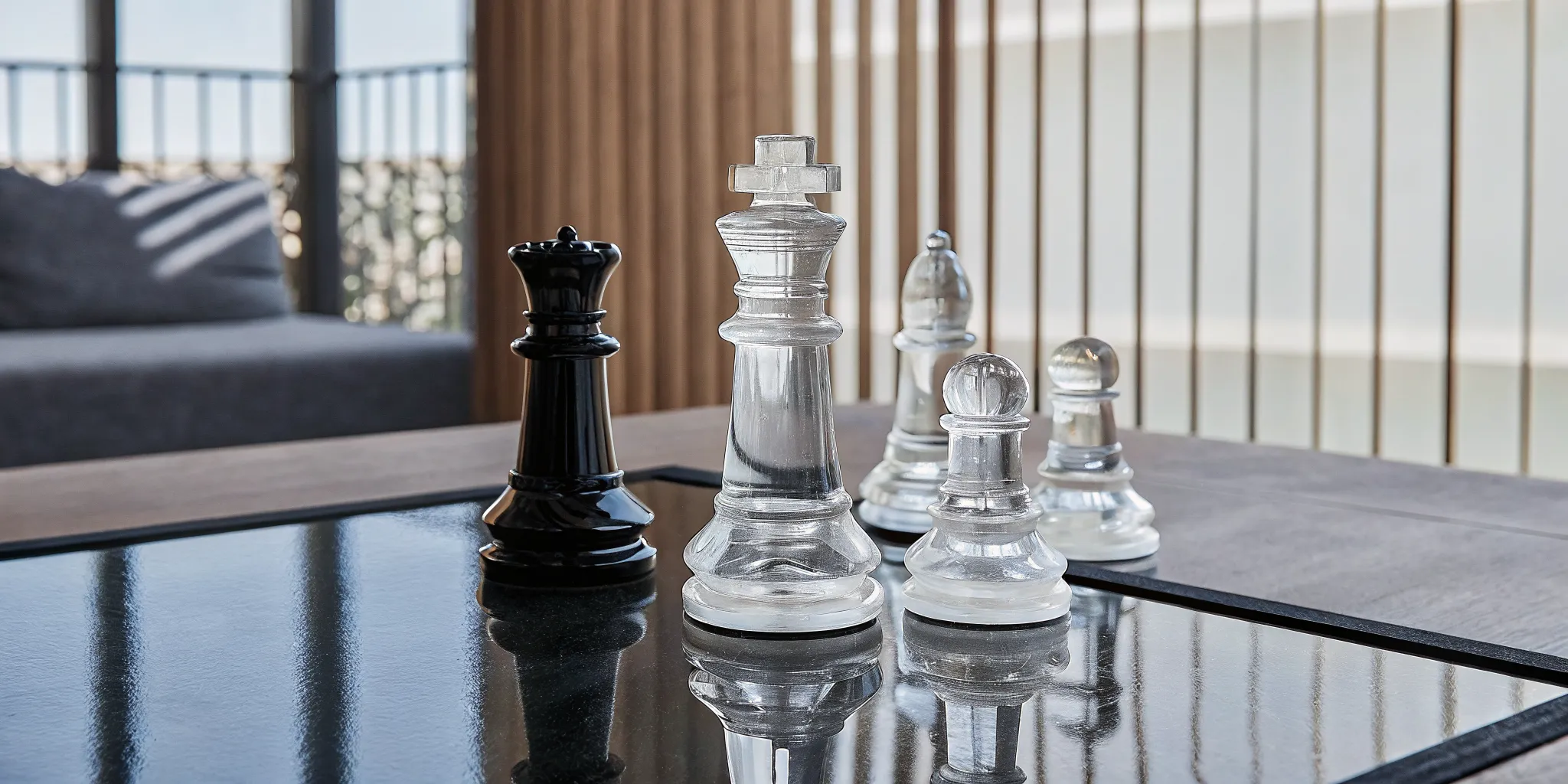 Glass chess pieces on a board representing the strategic benefits of AI coaching for leadership.
