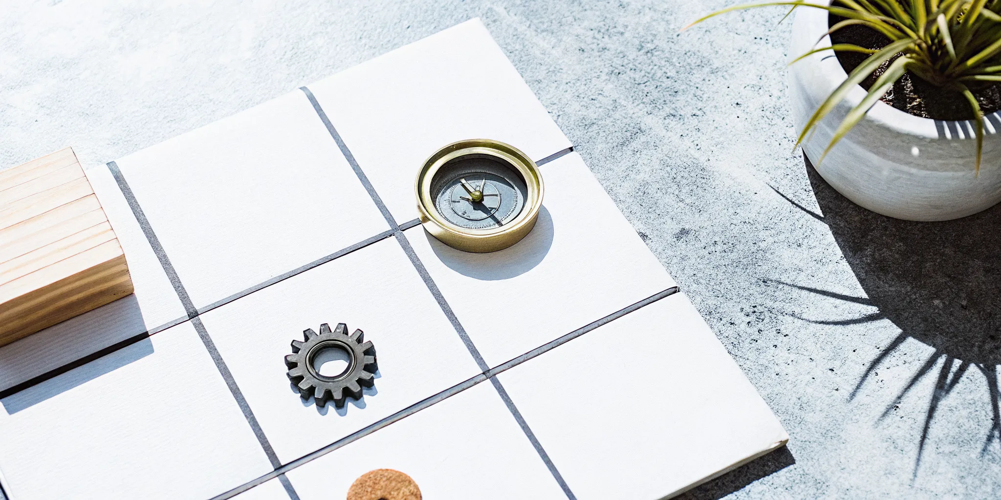 A compass and gear on a grid charting the course for how to be a better leader in the workplace.