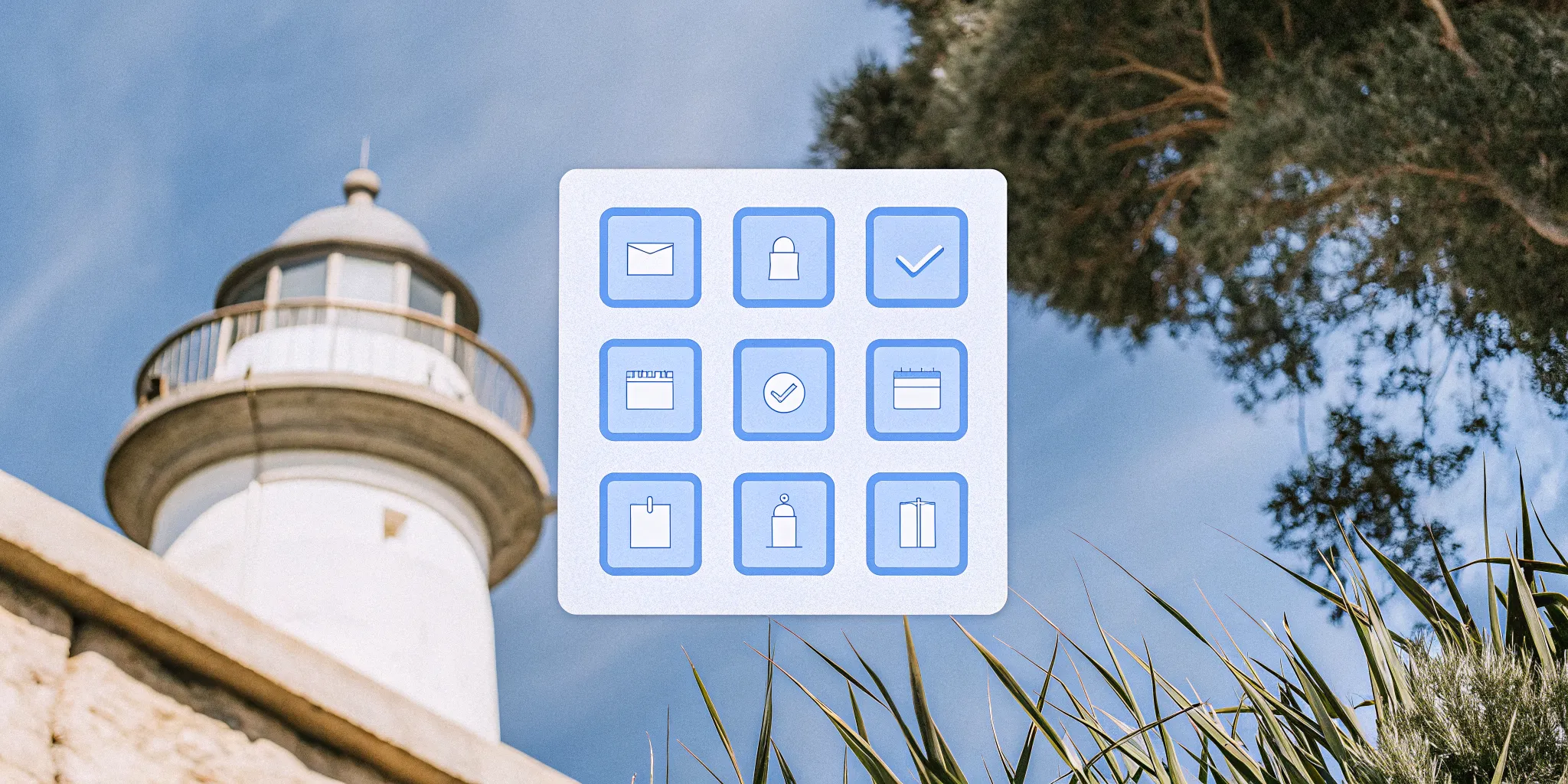 A lighthouse with app icons for a daily leadership training app.