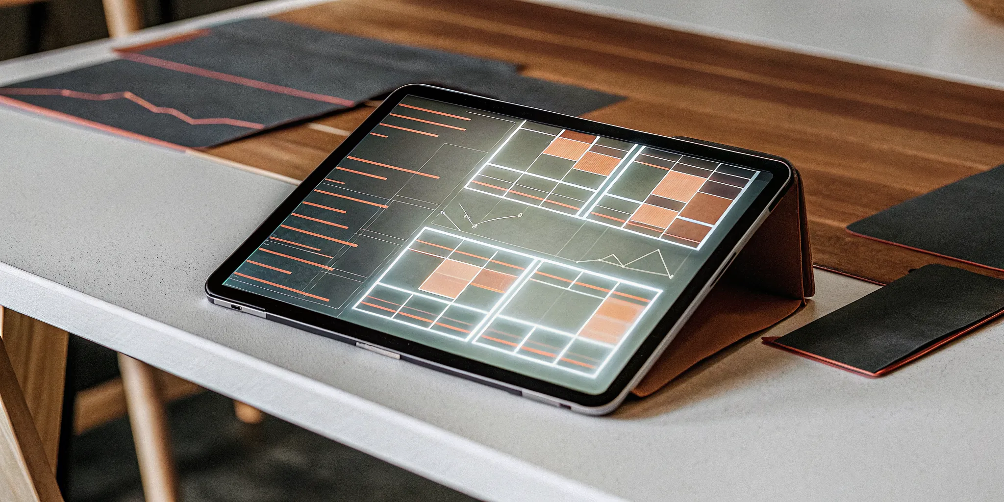 Tablet displaying a free high-performance team PDF guide with charts and graphs.