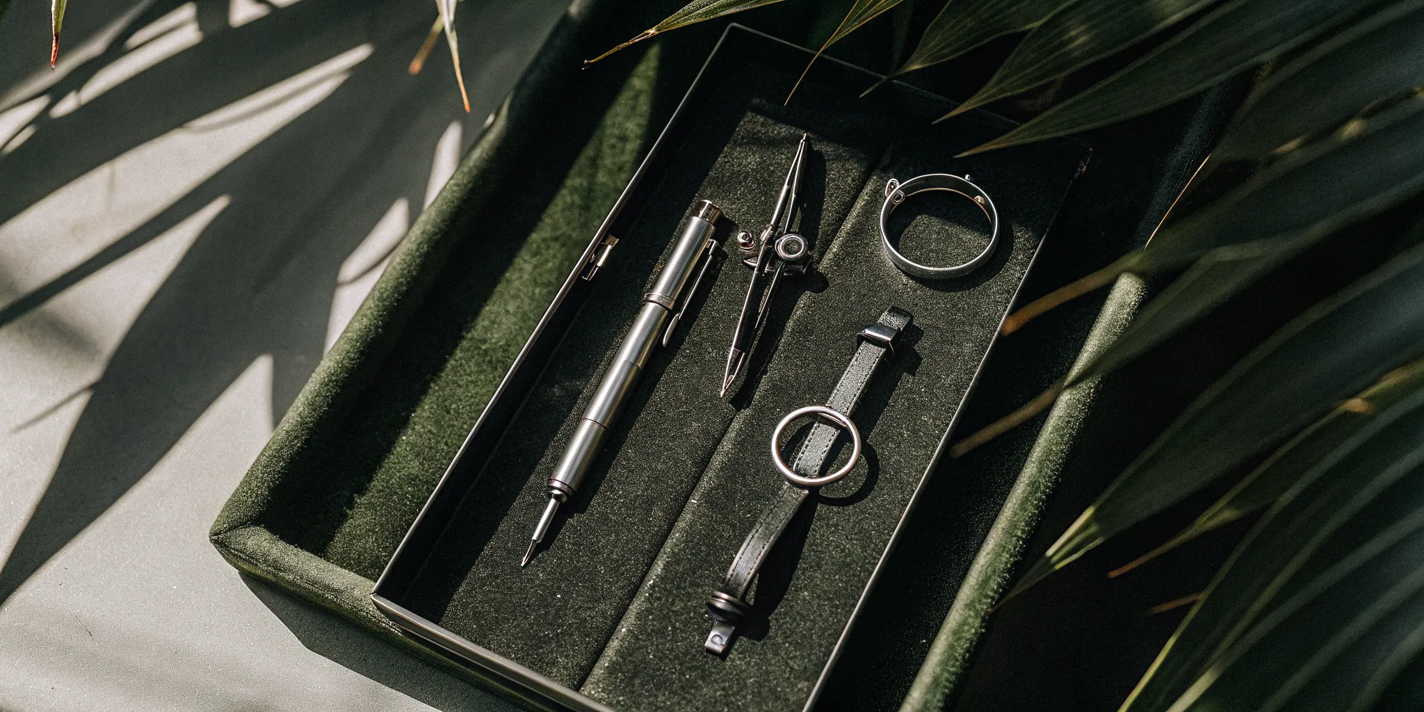 A compass and pen symbolizing the 7 leadership qualities of great leaders.