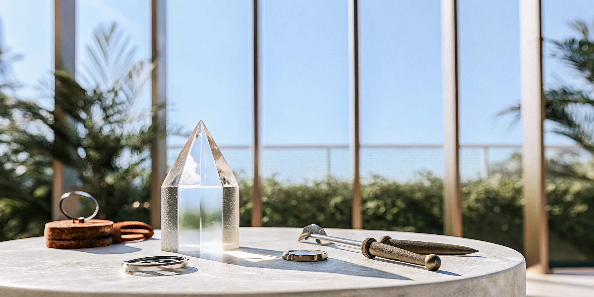Crystal pyramid on a table with symbols for the 20 qualities of a good leader in the workplace.