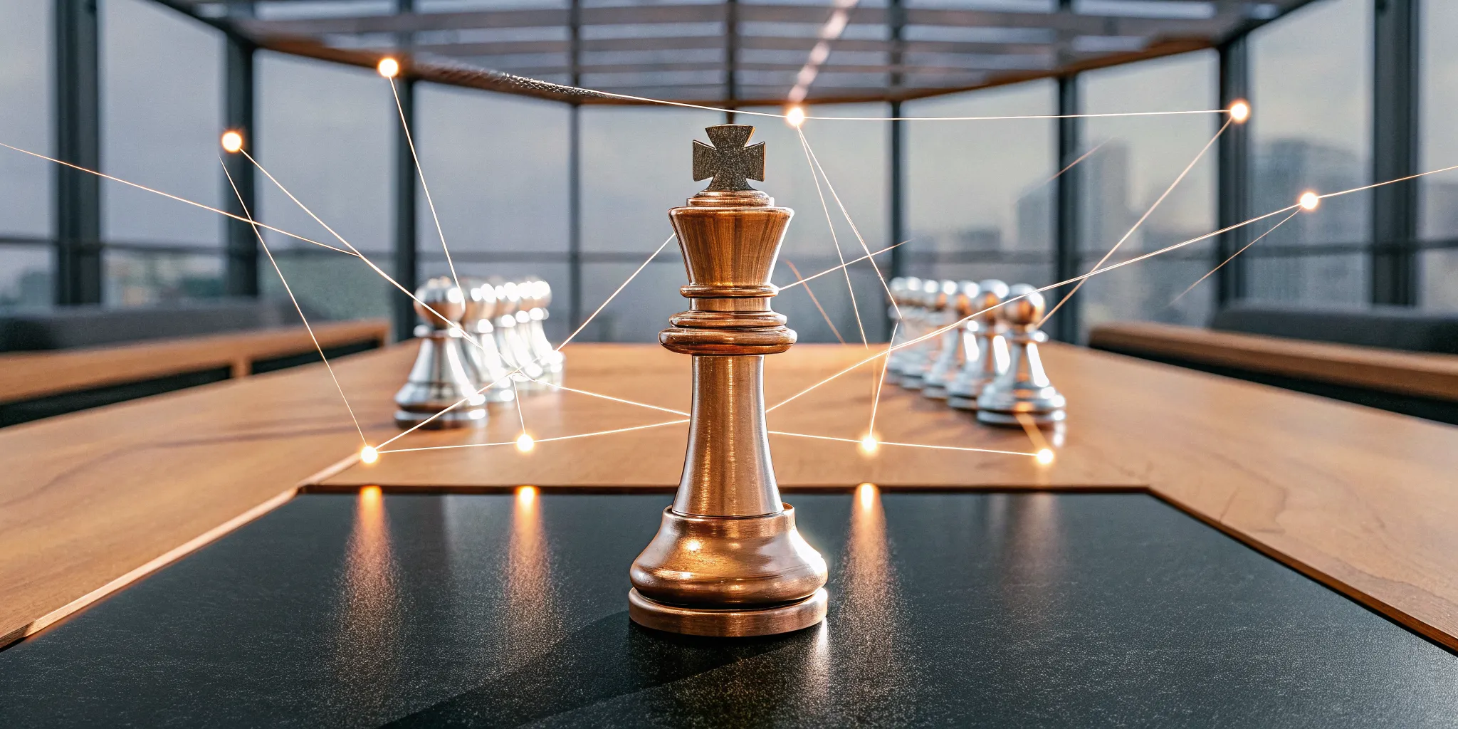 An AI coach for leadership connects a chess king to its pawns with glowing lines of strategy.
