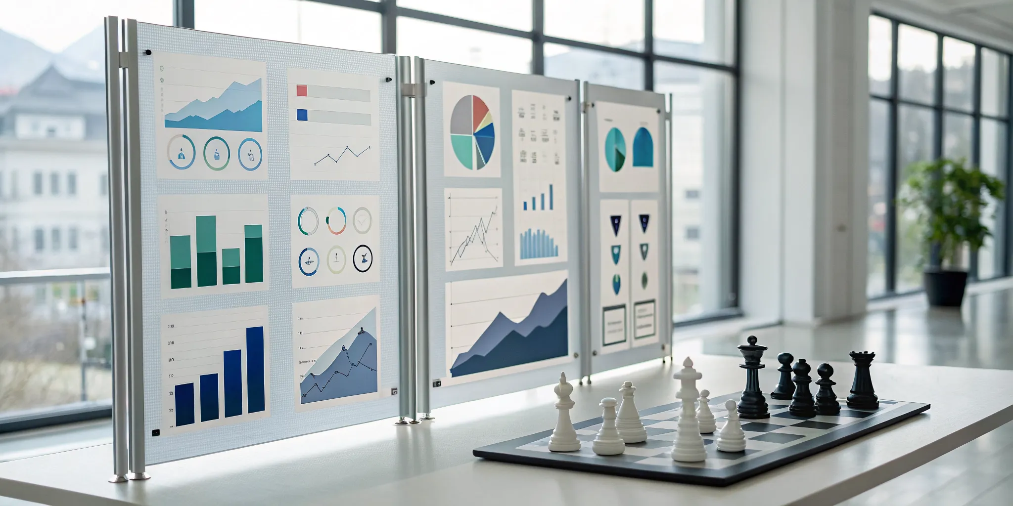Charts and a chessboard showing strategic progress with the best app for leadership coaching.