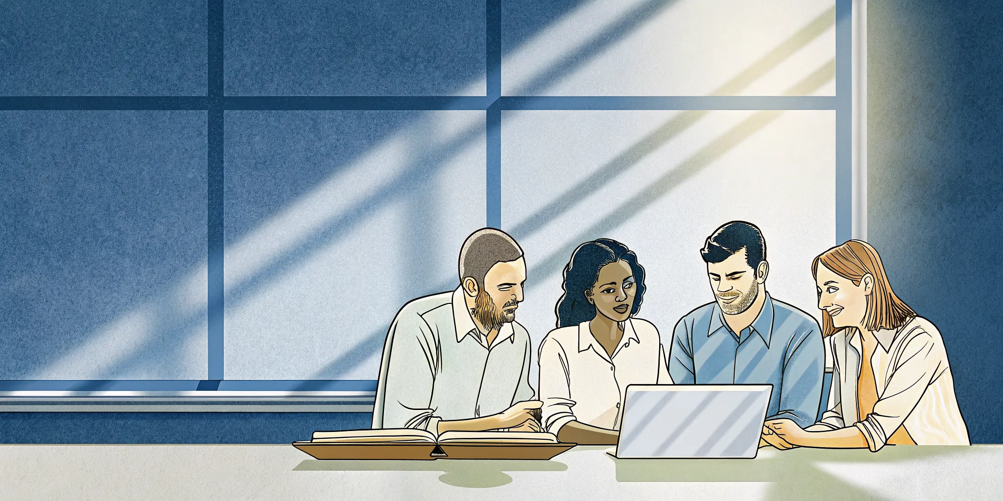 A diverse group of professional office workers collaborating in a modern workplace, learning management skills together