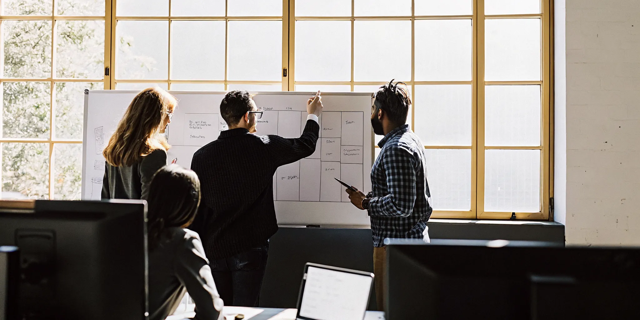 A professional team of diverse office workers collaborating and discussing tasks on a whiteboard in a modern tech office