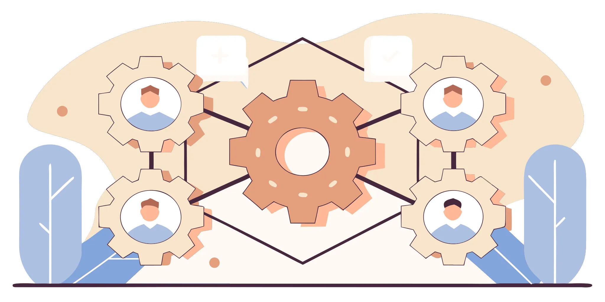 A leader connects team members with gears to improve accountability.