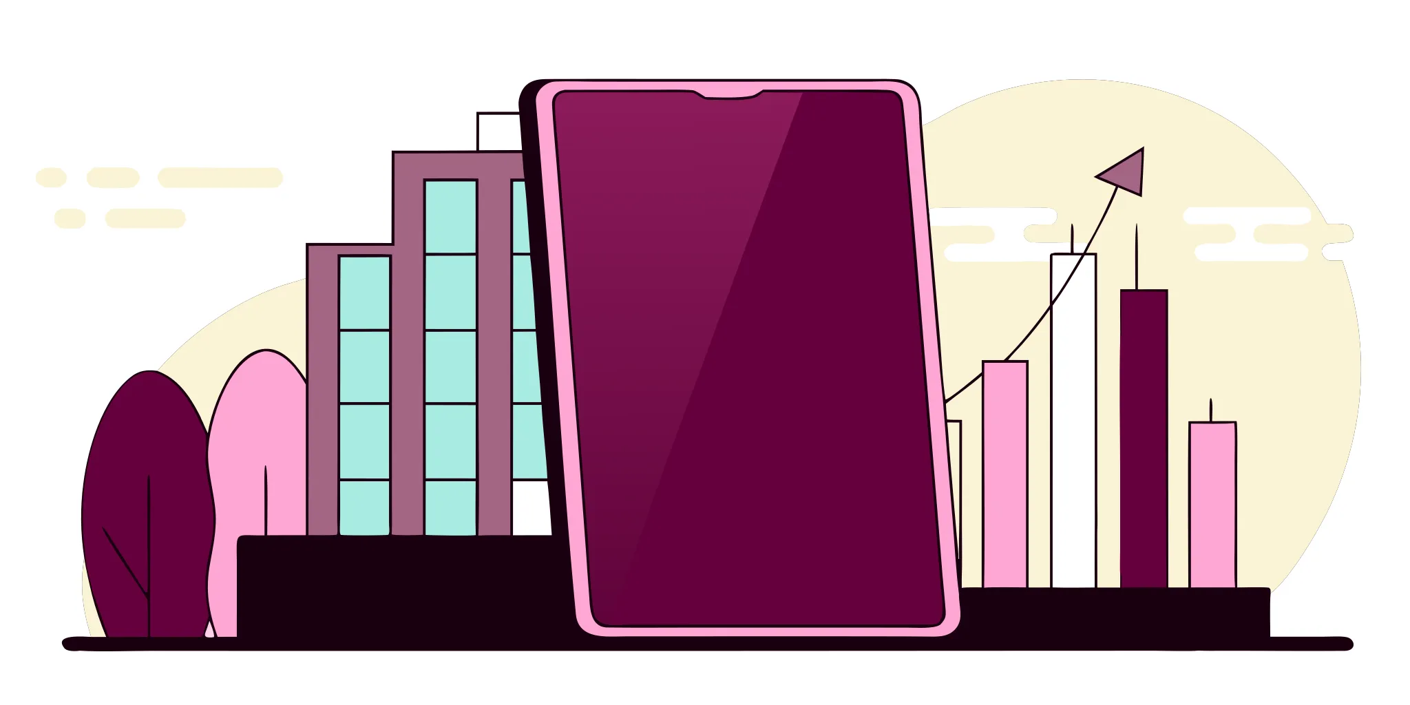A phone showing a progress chart from the best app for leadership habits, set against a city skyline.