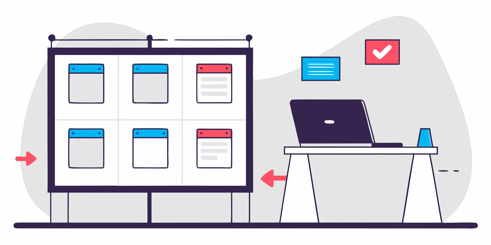 A laptop showing an online agile leadership program and a kanban board for team management.