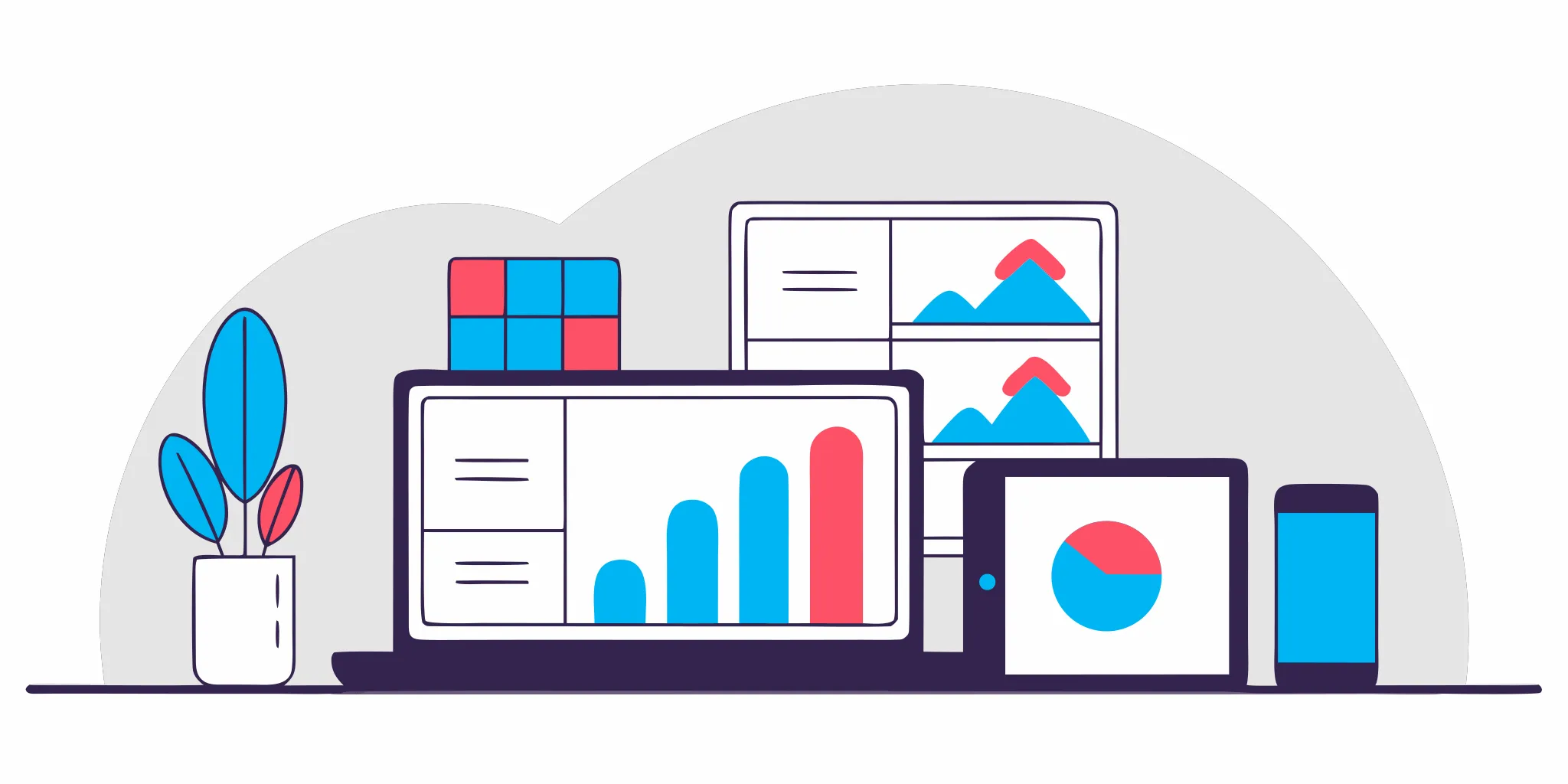 Laptop, tablet, and smartphone displaying analytics from a leadership app for scaling teams.