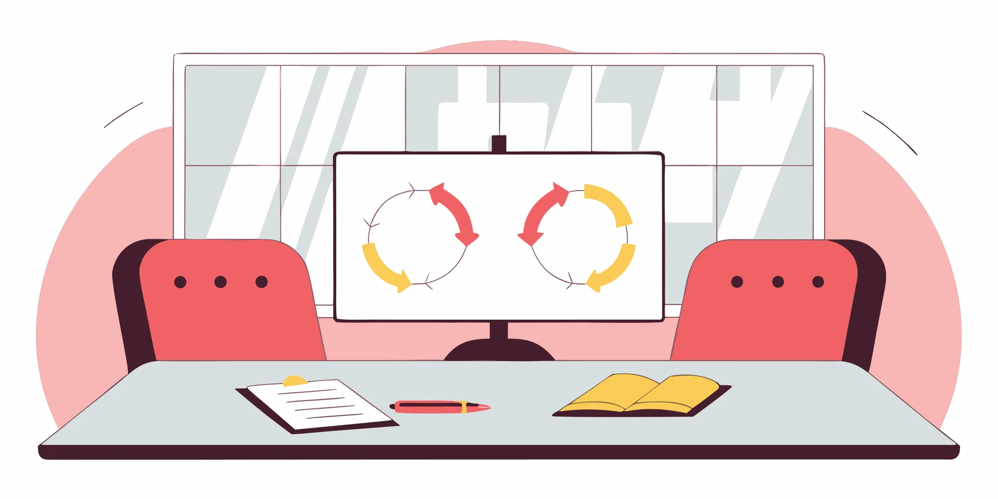 A manager's desk prepared for giving feedback, with diagrams on a monitor and an open notebook.
