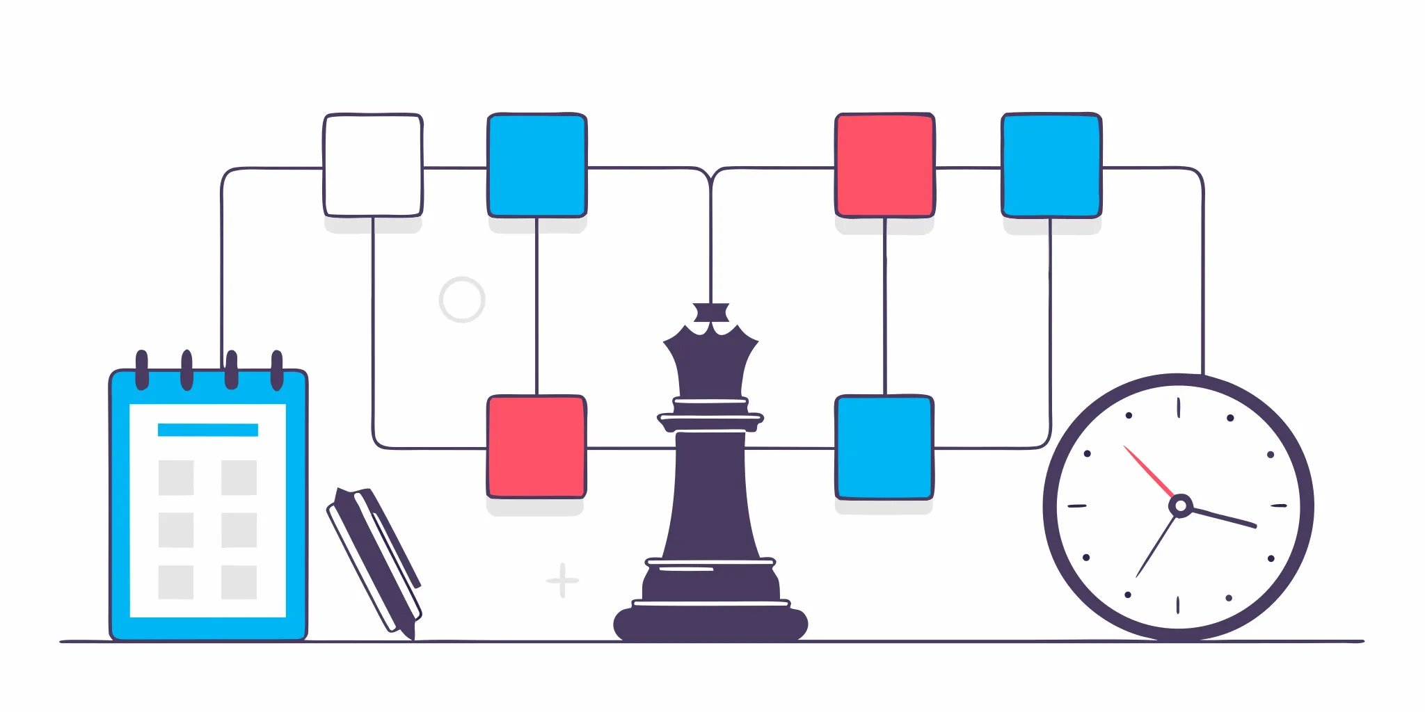 A chess piece, clock, and calendar symbolizing how managers handle daily leadership challenges.