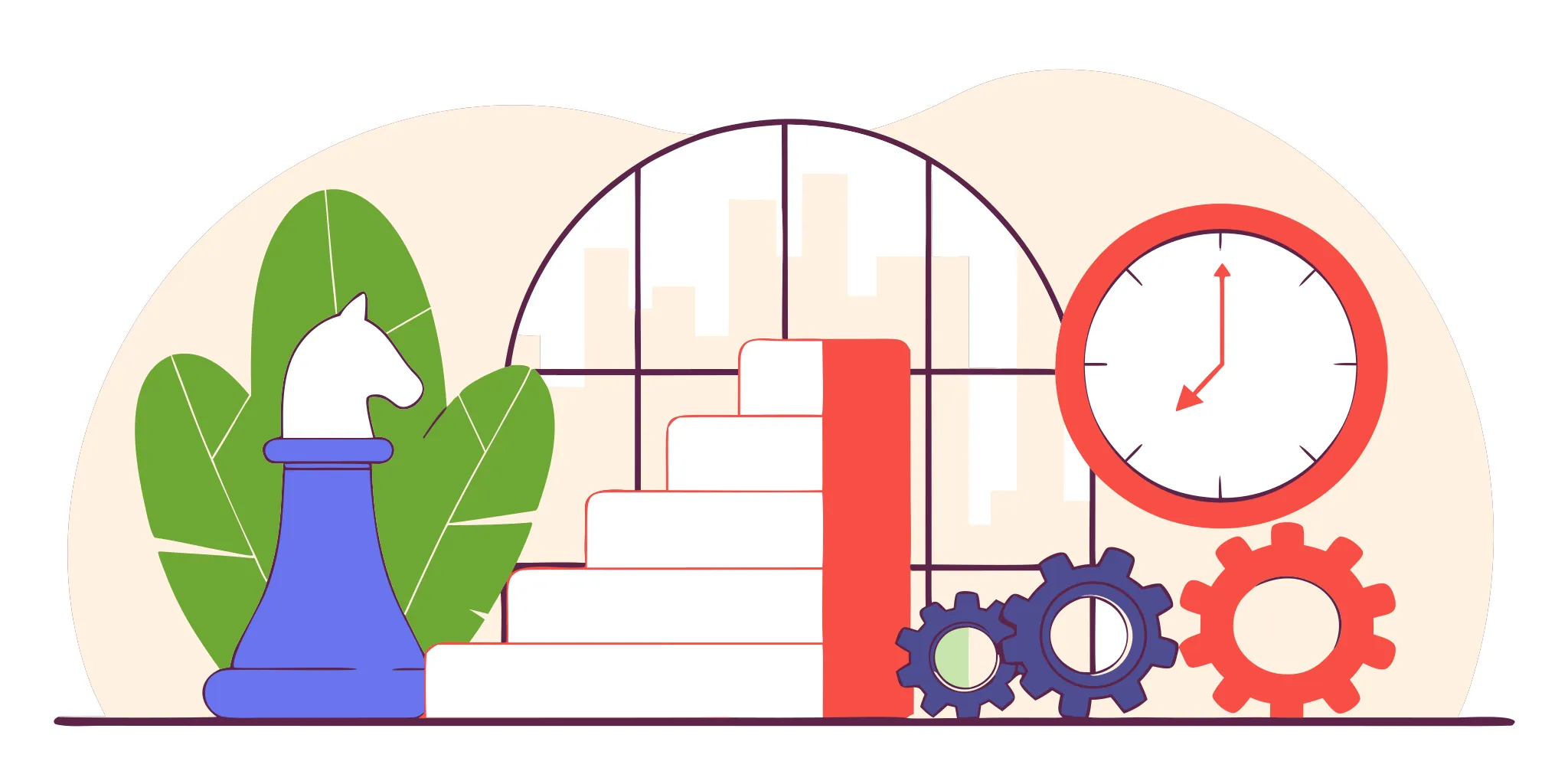 A chess knight on a staircase with a clock and gears for startup leaders developing management skills.