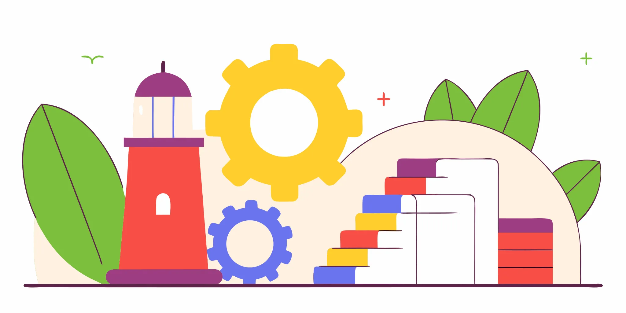Essential leadership skills for new managers shown as a lighthouse, gears, and books.